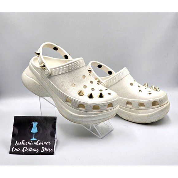Crocs Women's White Off Bae Glitter Stud Platform Clogs Gold Spikes Sz 9  2360 - Picture 5 of 16